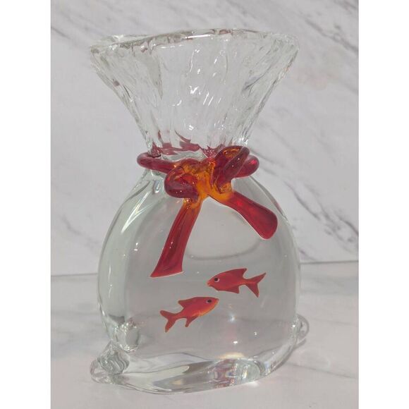 Murano Vintage Bag Tied With Bow Two Gold Fish Blown Glassware - Picture 1 of 6